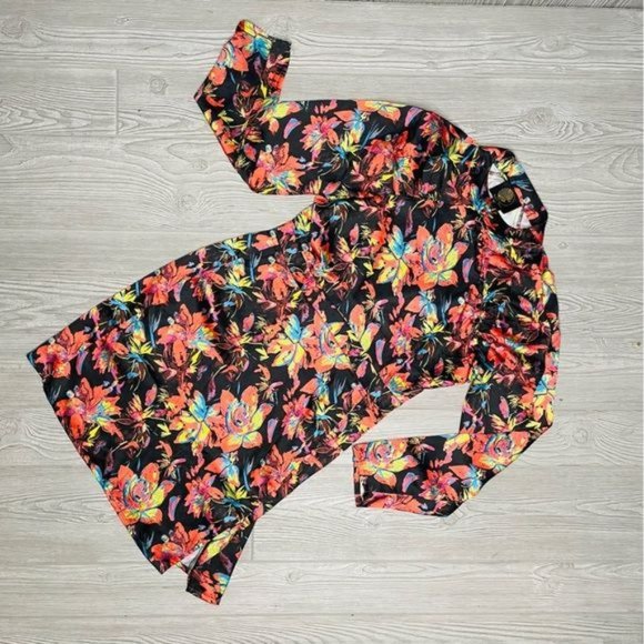 ASOS dusty Daze mini dress with high collar and clasps in dark floral print long - Picture 3 of 6